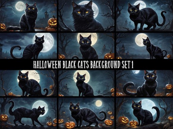Download 12 Halloween Black Cats Background Set - Halloween Collection