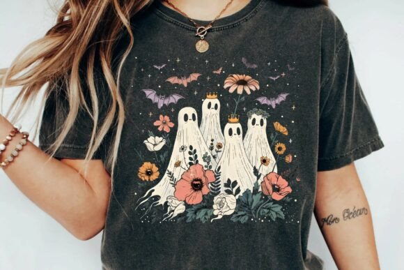 Download Vintage Cottagecore Floral Ghosts and Bats Spooky Halloween Design Png - Halloween Collection